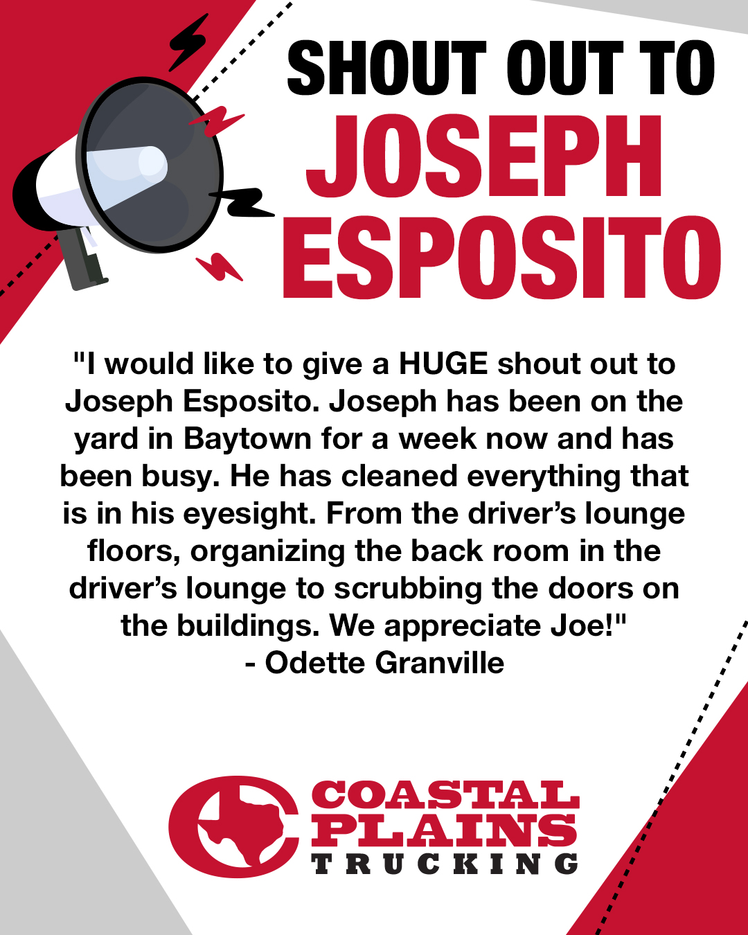 Joseph Esposito shout out graphic for Coastal Plains Trucking.
