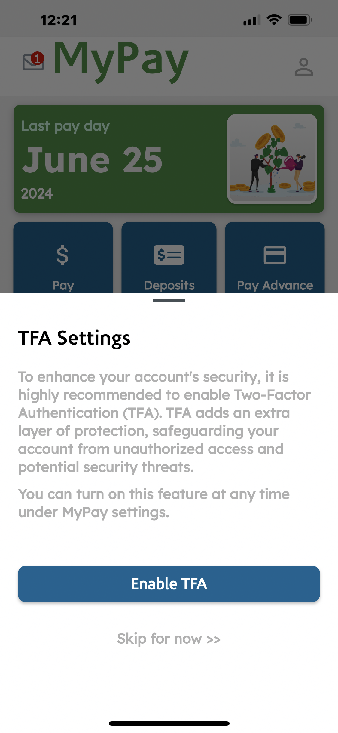Enable Two-Factor Authentication on your MyPay App